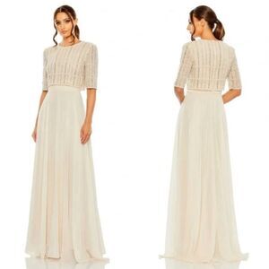 NWT MAC DUGGAL 9180 Nude Chiffon Gown Fully Beaded 1/4 Sleeve Top Size 20 Glam